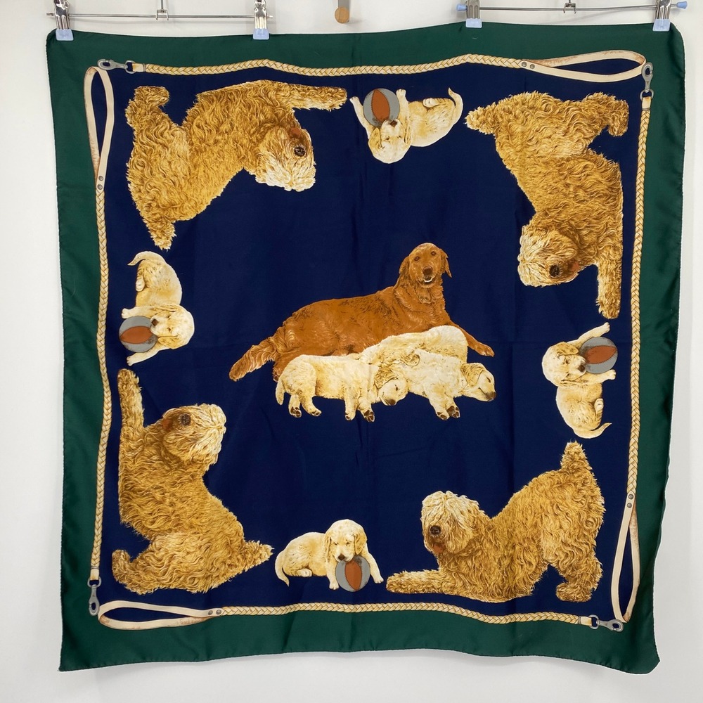 Vintage Square Scarf Women OS Green Navy Golden Retriever Puppy Dog Print